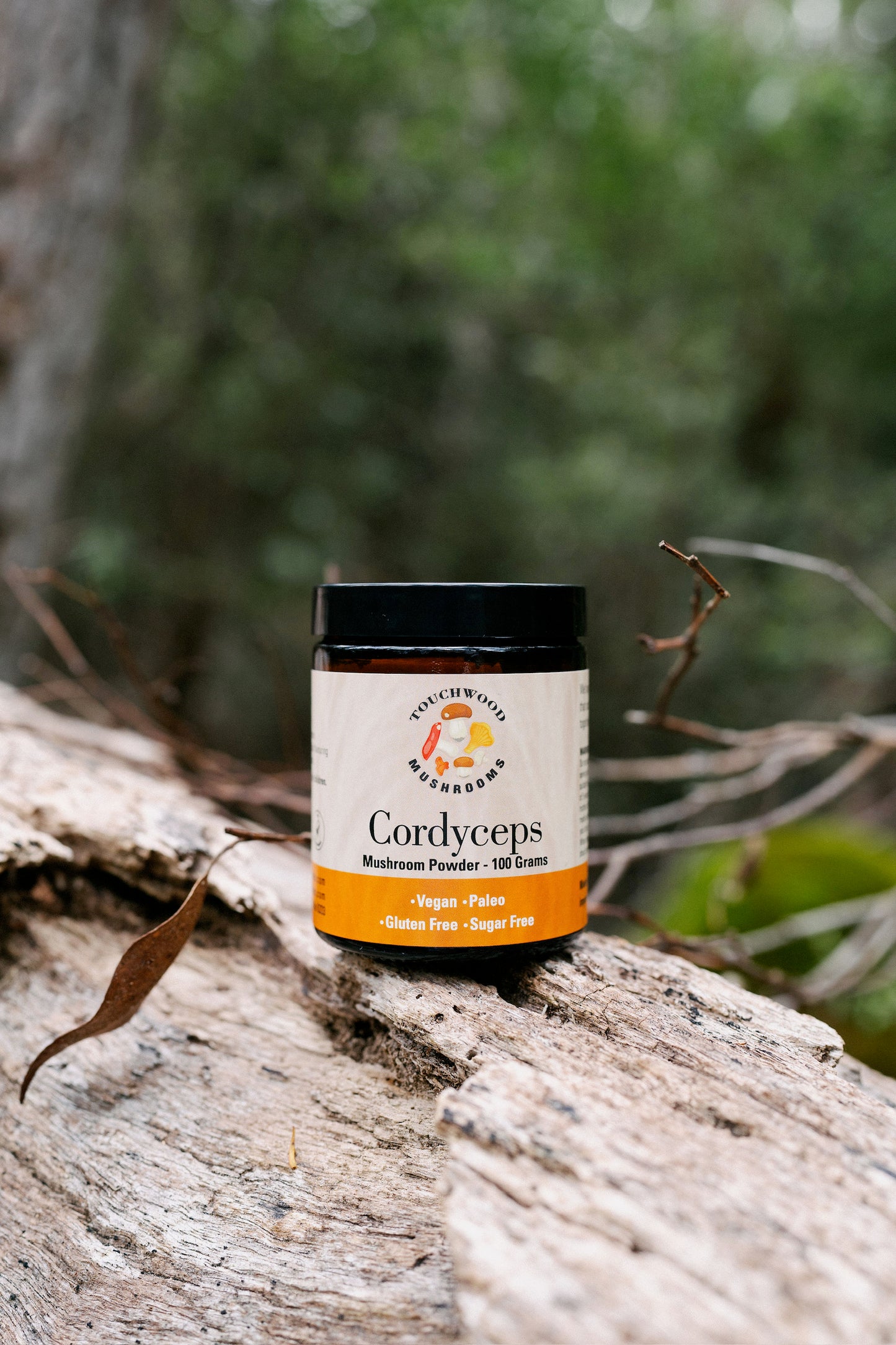 A jar of Organic Cordyceps Mushroom Powder placed on a wooden surface with a blurred natural background.