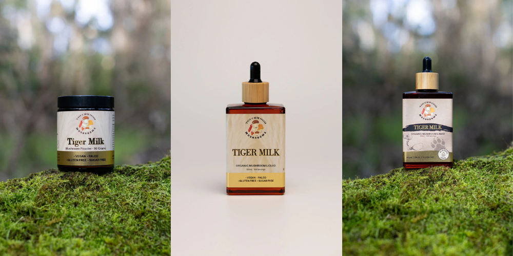 A photograph of three tiger milk mushroom products