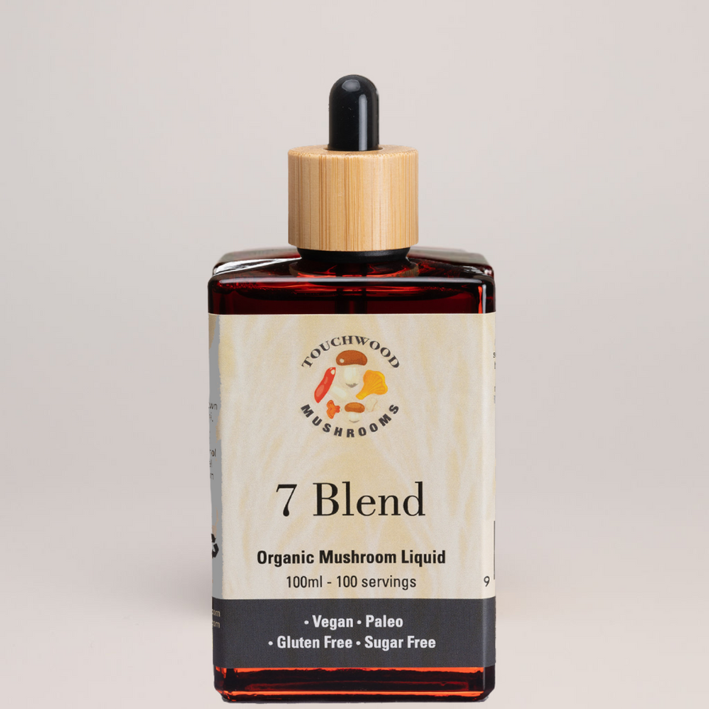 
                  
                    Bottle of 7 Blend Organic Mushroom Liquid with a dropper on a light grey background
                  
                