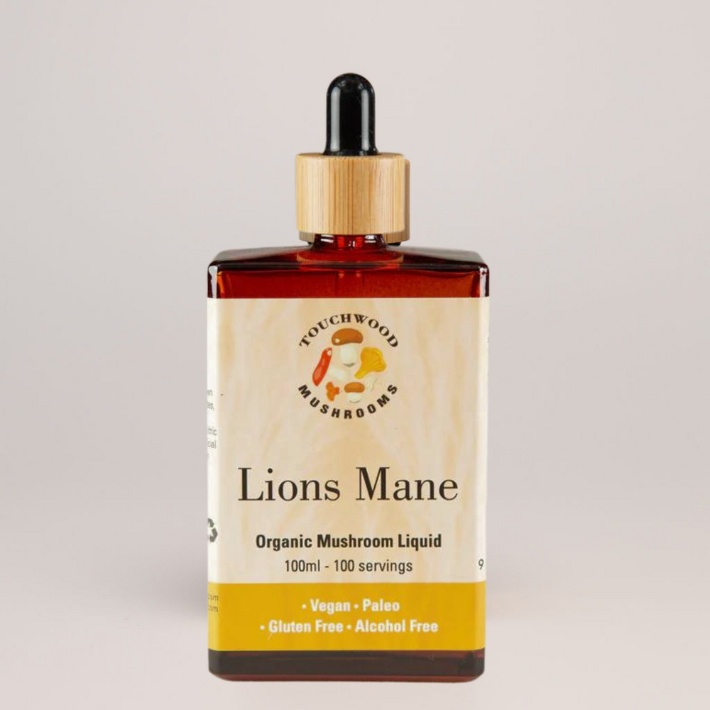 Bottle of Lions Mane Organic Mushroom Liquid with a dropper on a light grey background