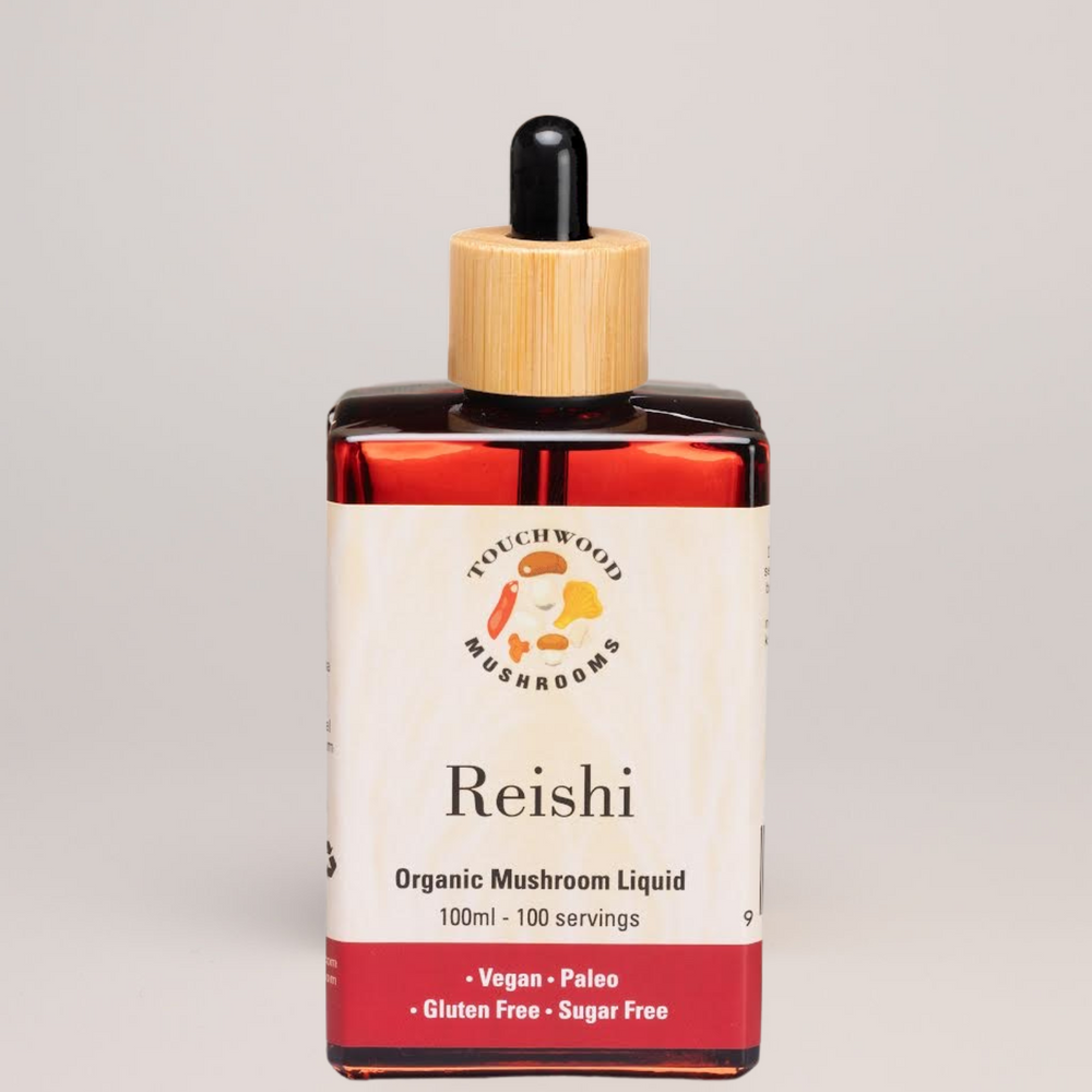 Bottle of Reishi organic mushroom liquid with a wooden dropper on a light grey background