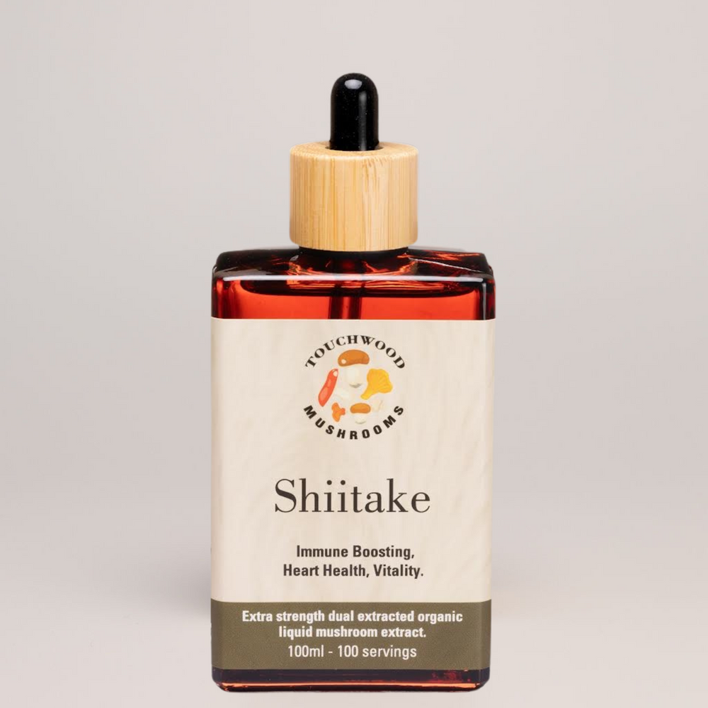 Bottle of Shiitake Mushroom extract on a light grey background