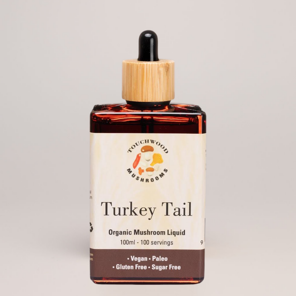 Bottle of Turkey Tail Organic Mushroom Liquid with a dropper on a grey background