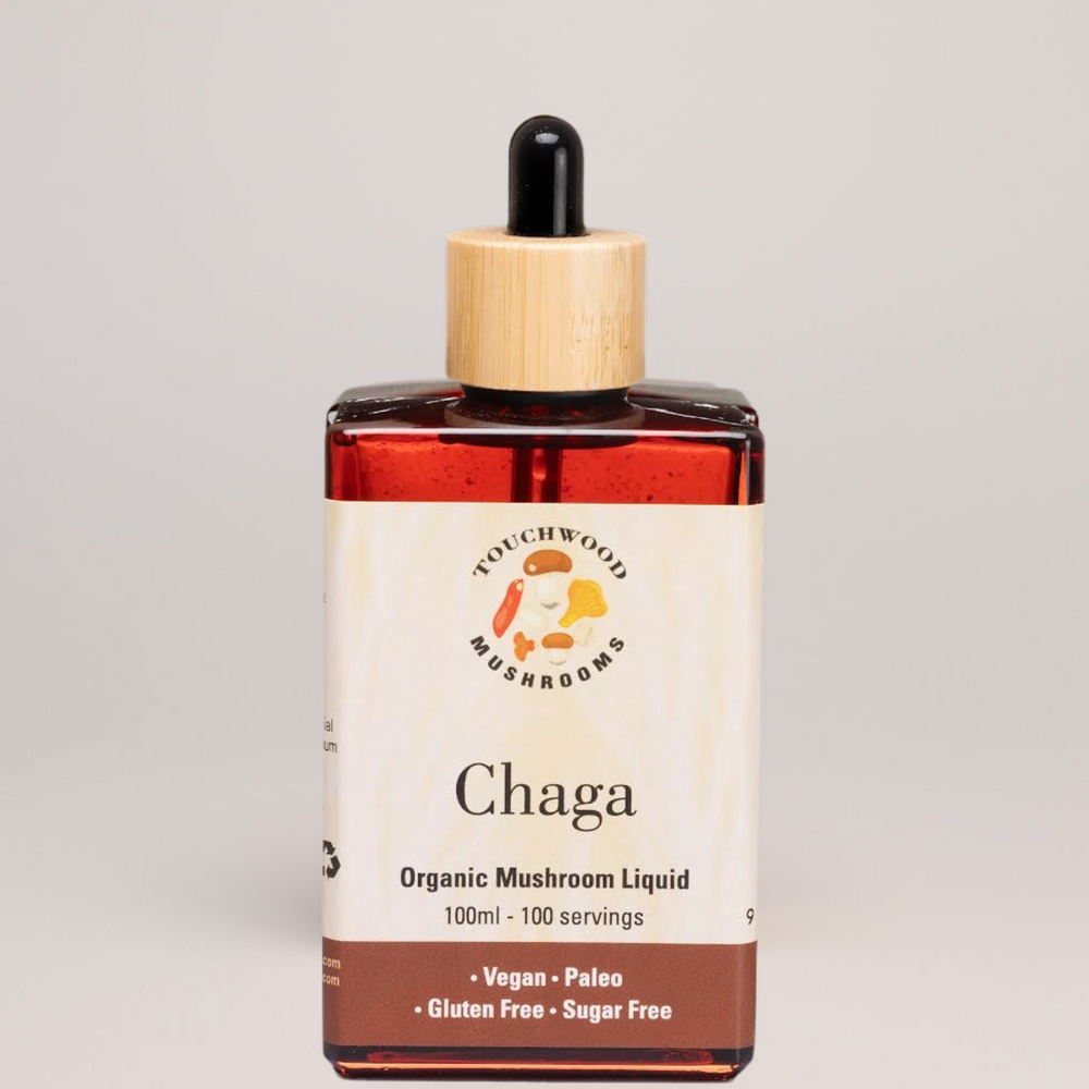 Bottle of Chaga organic mushroom liquid with a dropper on a light grey background