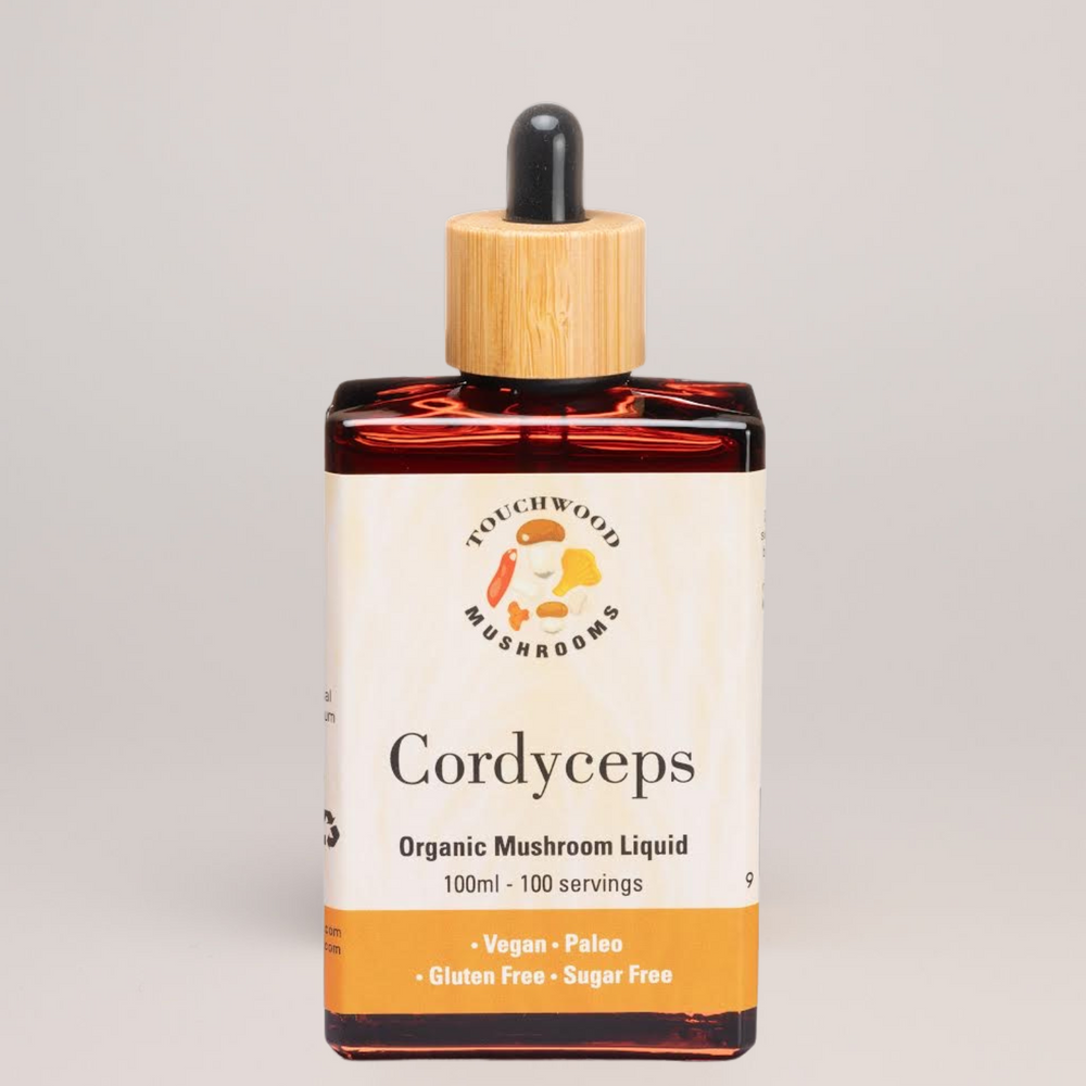 Bottle of Cordyceps organic mushroom liquid with a dropper on a gray background